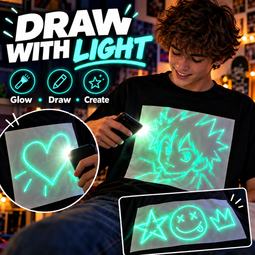 👕Light-Reactive Glow in the Dark Drawing T-Shirt – Interactive Light Doodle Graphic Tee for Parties & Festivals