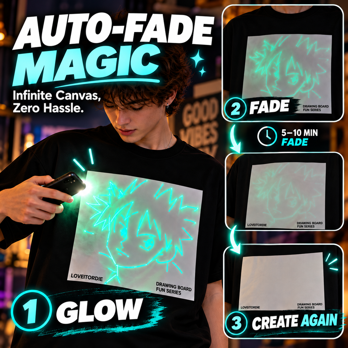 👕Light-Reactive Glow in the Dark Drawing T-Shirt – Interactive Light Doodle Graphic Tee for Parties & Festivals