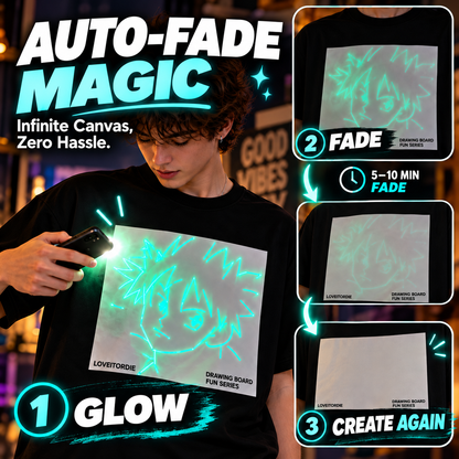 👕Light-Reactive Glow in the Dark Drawing T-Shirt – Interactive Light Doodle Graphic Tee for Parties & Festivals