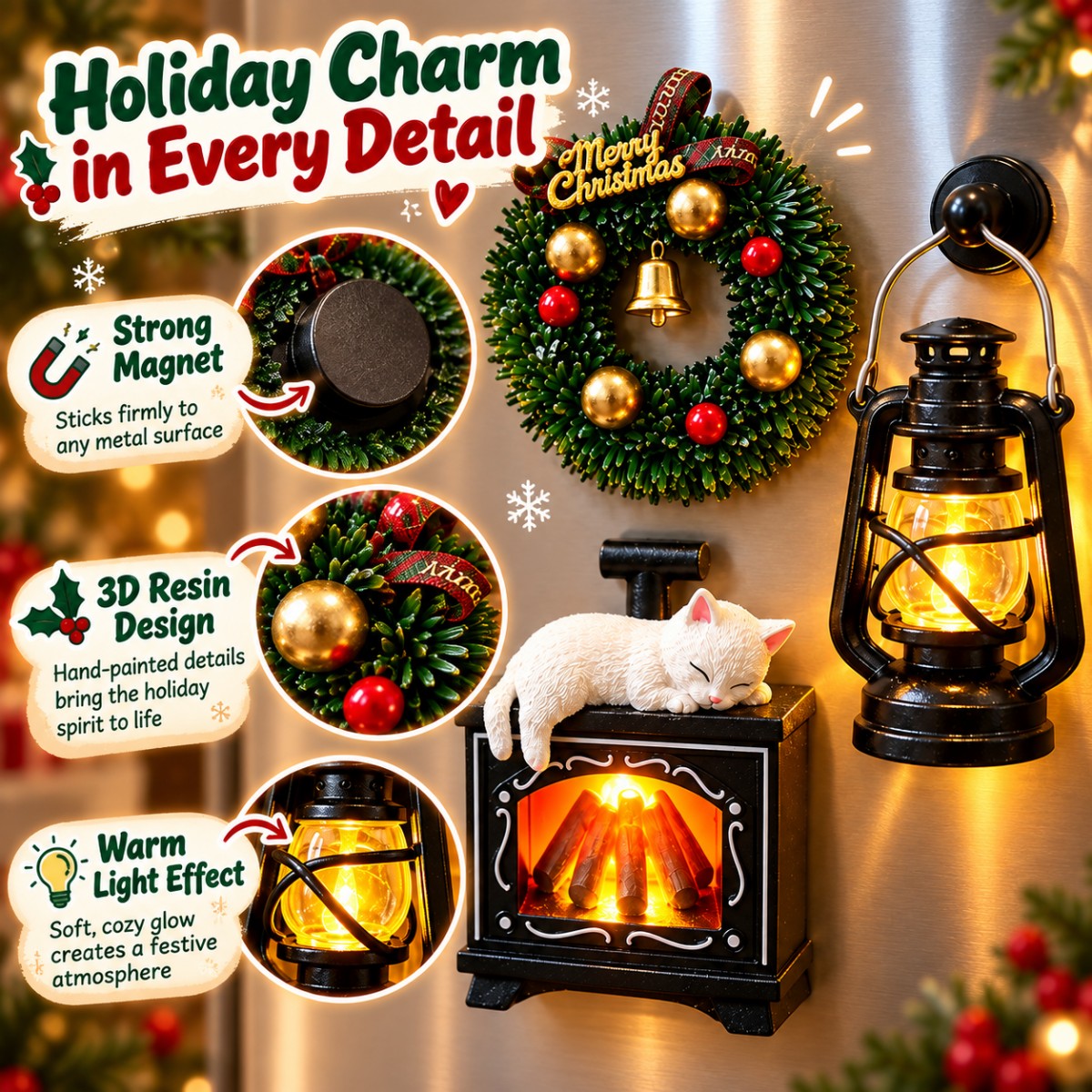 🎅 Christmas Refrigerator Magnets – 3D Resin Holiday Decorations