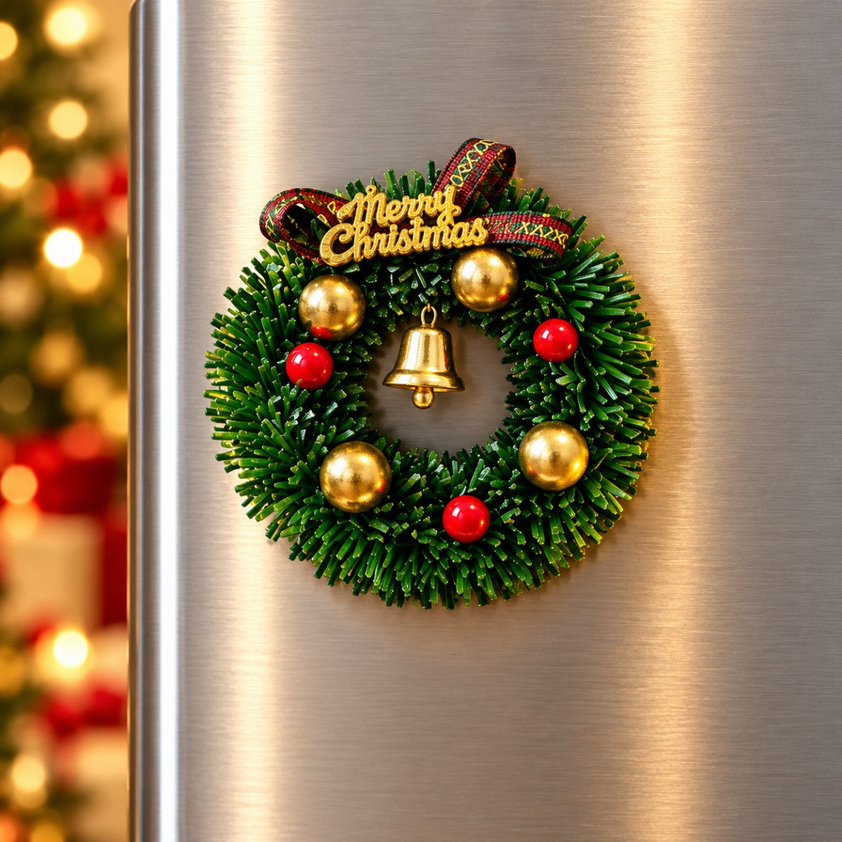 Detailed 3D Christmas wreath refrigerator magnet with ornaments bow and bell