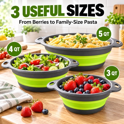 🥗 3-Piece Collapsible Colander Set – Self-Draining & Space-Saving Kitchen Strainers ✨