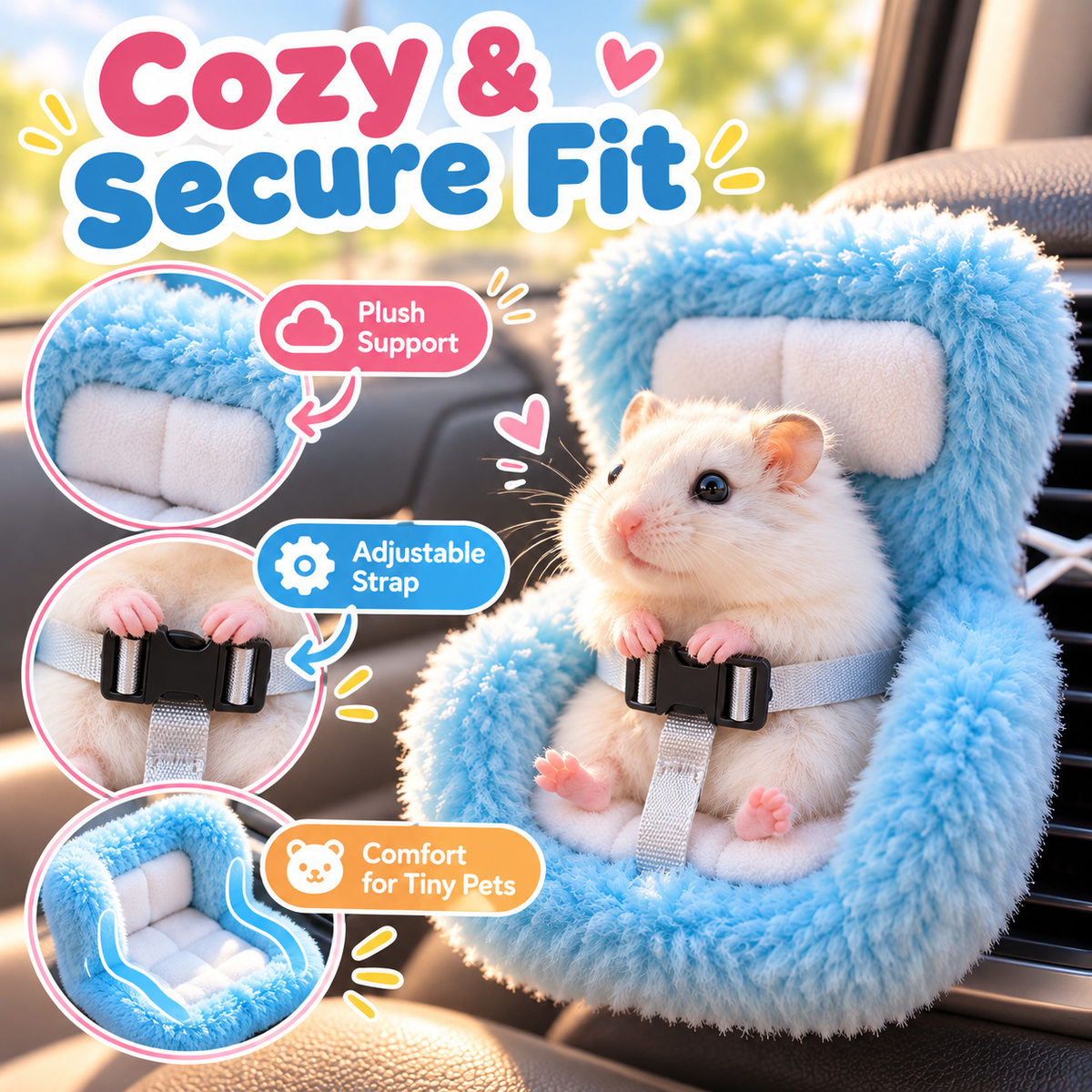 🔥Buy three get one free🐹 Mini Hamster Car Seat & Co-Pilot Feeding Perch – Universal Air Vent Mount & Safety Harness for Small Pets