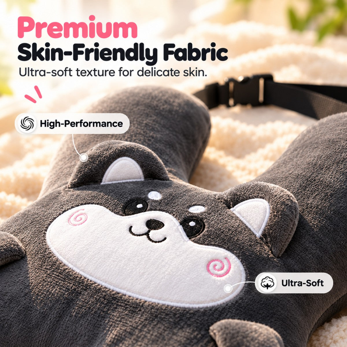 Close-up of ultra-soft plush fabric on kids animal car travel pillow