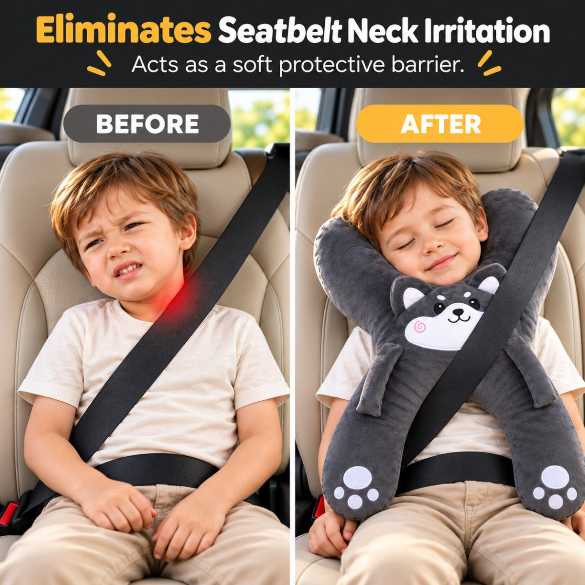 Kids travel pillow positioned with vehicle seatbelt during car travel