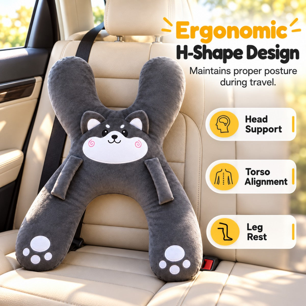 H-shaped kids car travel pillow with cushioned head neck and body support