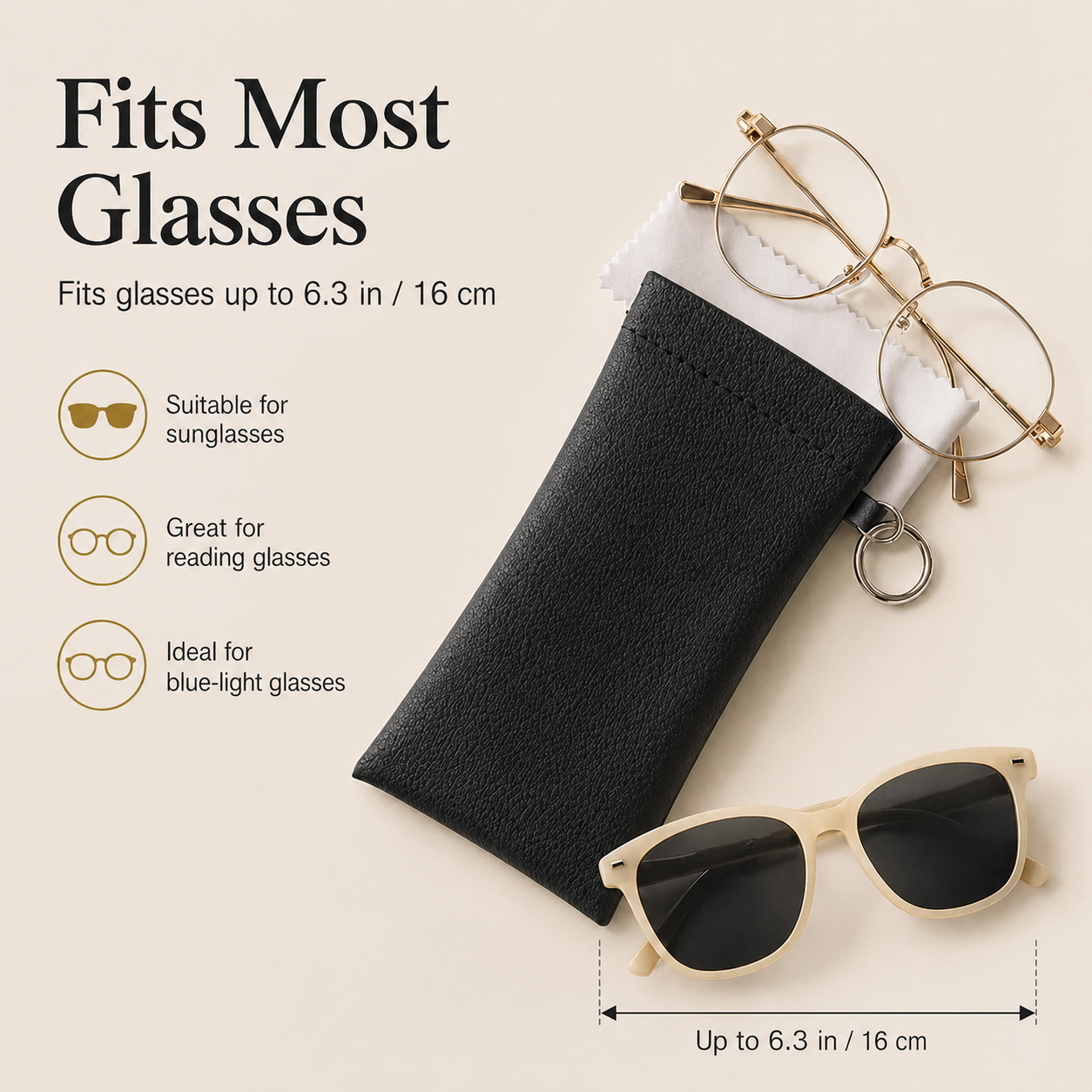 🕶️ Soft PU Leather Eyeglasses Pouch with Cleaning Cloth & Key Ring