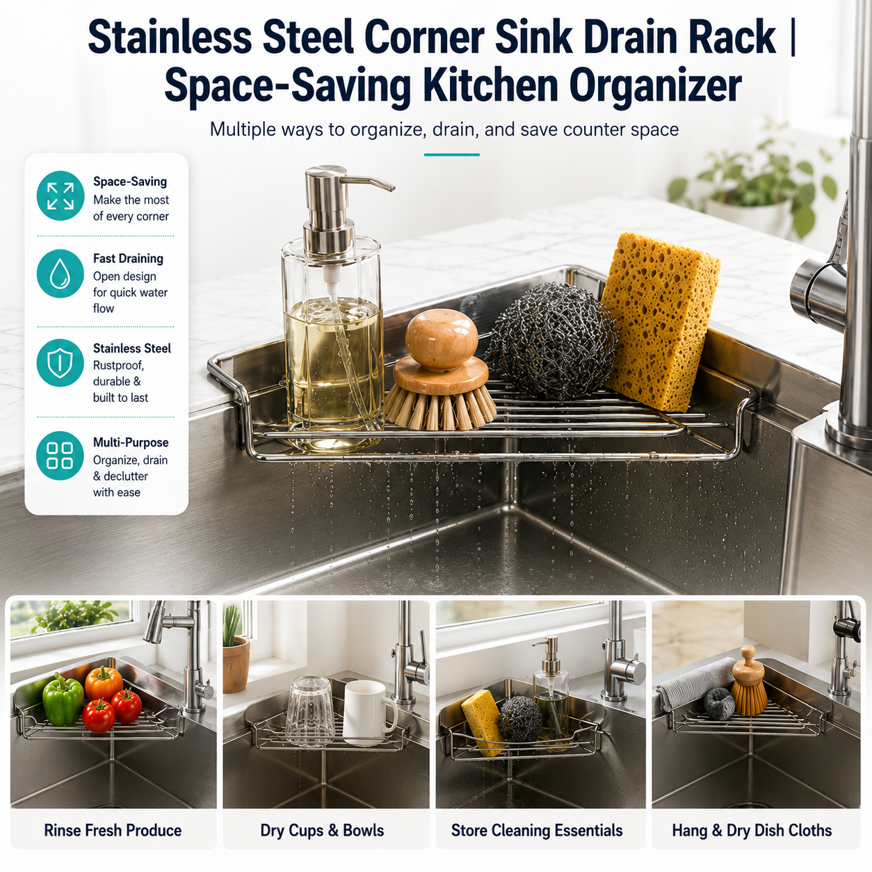 ✨ Stainless Steel Corner Sink Drain Rack | Space-Saving Kitchen Organizer