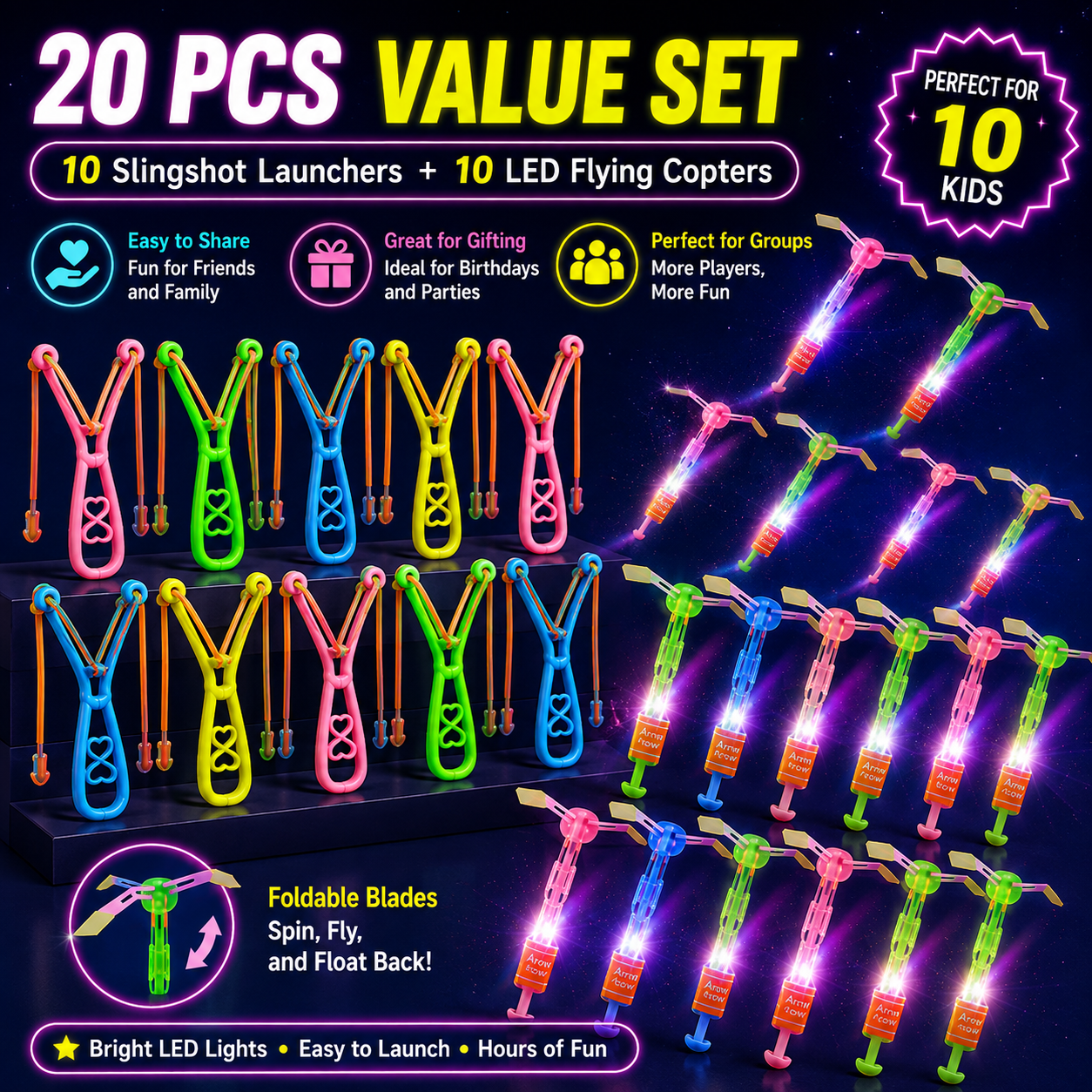 🌟 Light Up LED Flying Helicopter Set 🚀 | Glow Slingshot Rockets for Kids & Party Fun 🌙