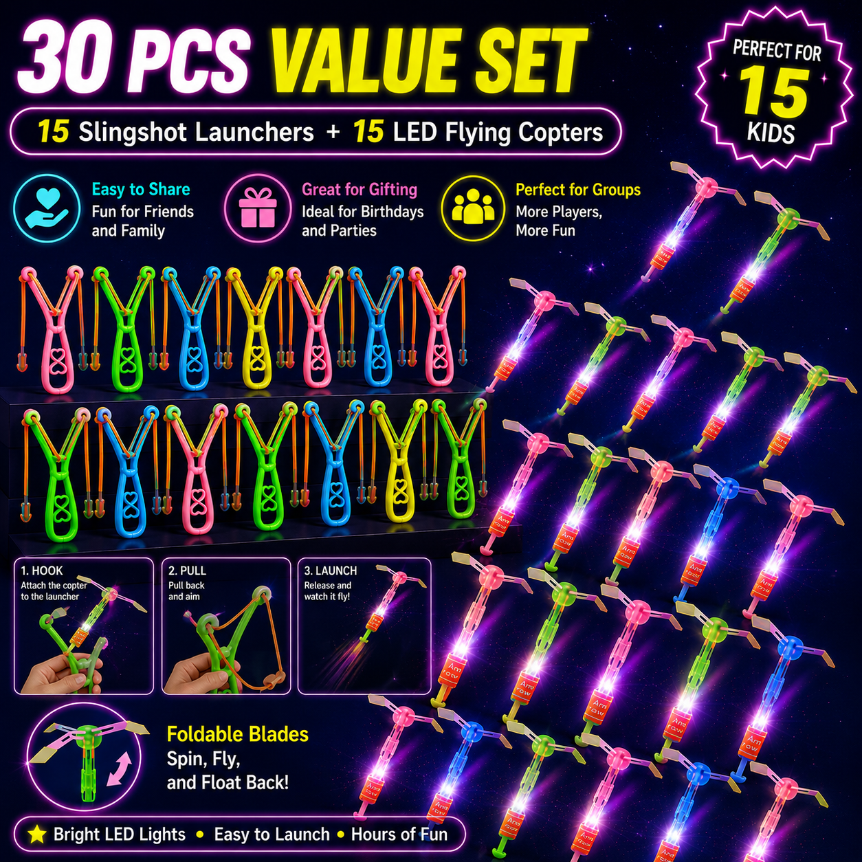 15Slingshots + 15 LED Flying Helicopters