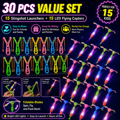 🌟 Light Up LED Flying Helicopter Set 🚀 | Glow Slingshot Rockets for Kids & Party Fun 🌙