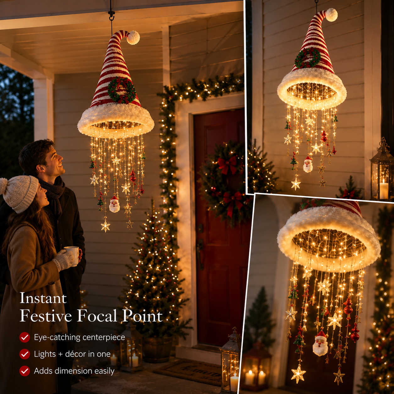 🎅 Magical Lighted Santa Hat Hanging Chandelier 🎄 | Indoor & Outdoor Warm LED Christmas Decor Gift ✨