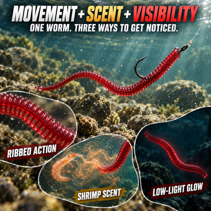 🎣 Shrimp-Scented Lifelike Earthworm Soft Fishing Lures – Flexible Ribbed Action, Glow Effect & 50-Piece Pack 🪱✨