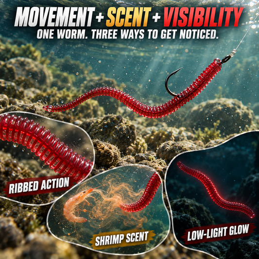 🎣 Shrimp-Scented Lifelike Earthworm Soft Fishing Lures – Flexible Ribbed Action, Glow Effect & 50-Piece Pack 🪱✨