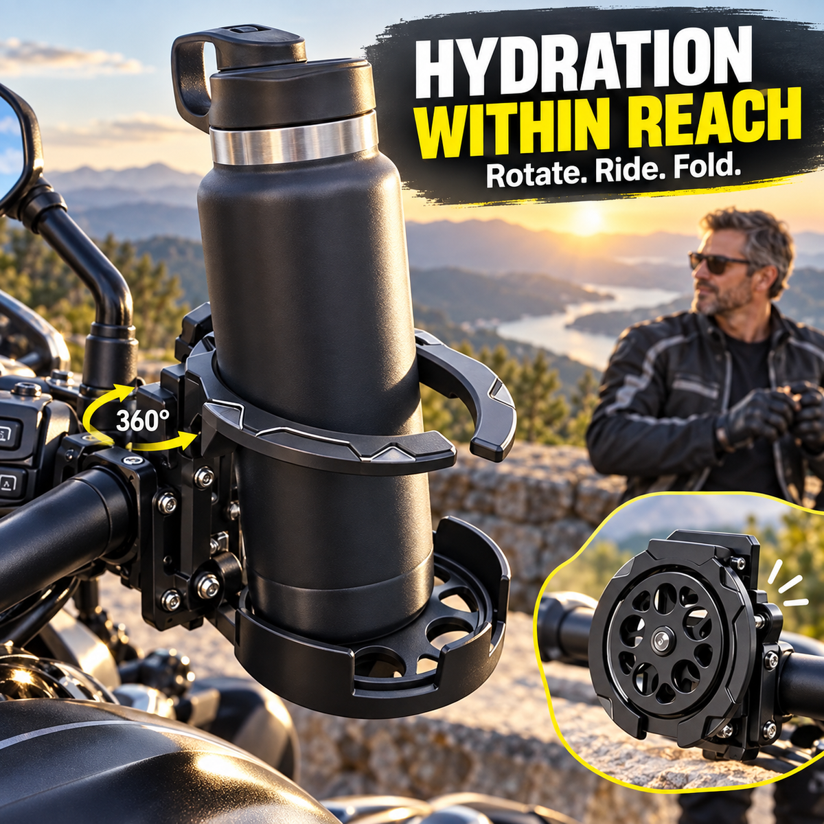 🚲🥤 360° Rotating Foldable Cup Holder – Secure Your Drink, Save Handlebar Space! 🔄✨
