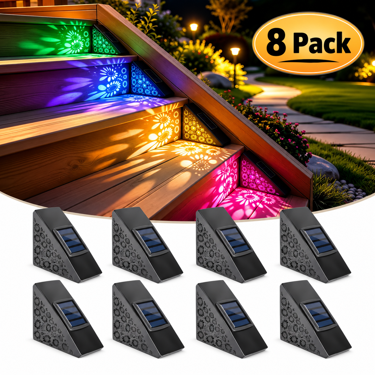 ☀️ Solar Step Lights — Auto Dusk Lighting 🌈 Color-Changing Outdoor Stair & Deck Lights