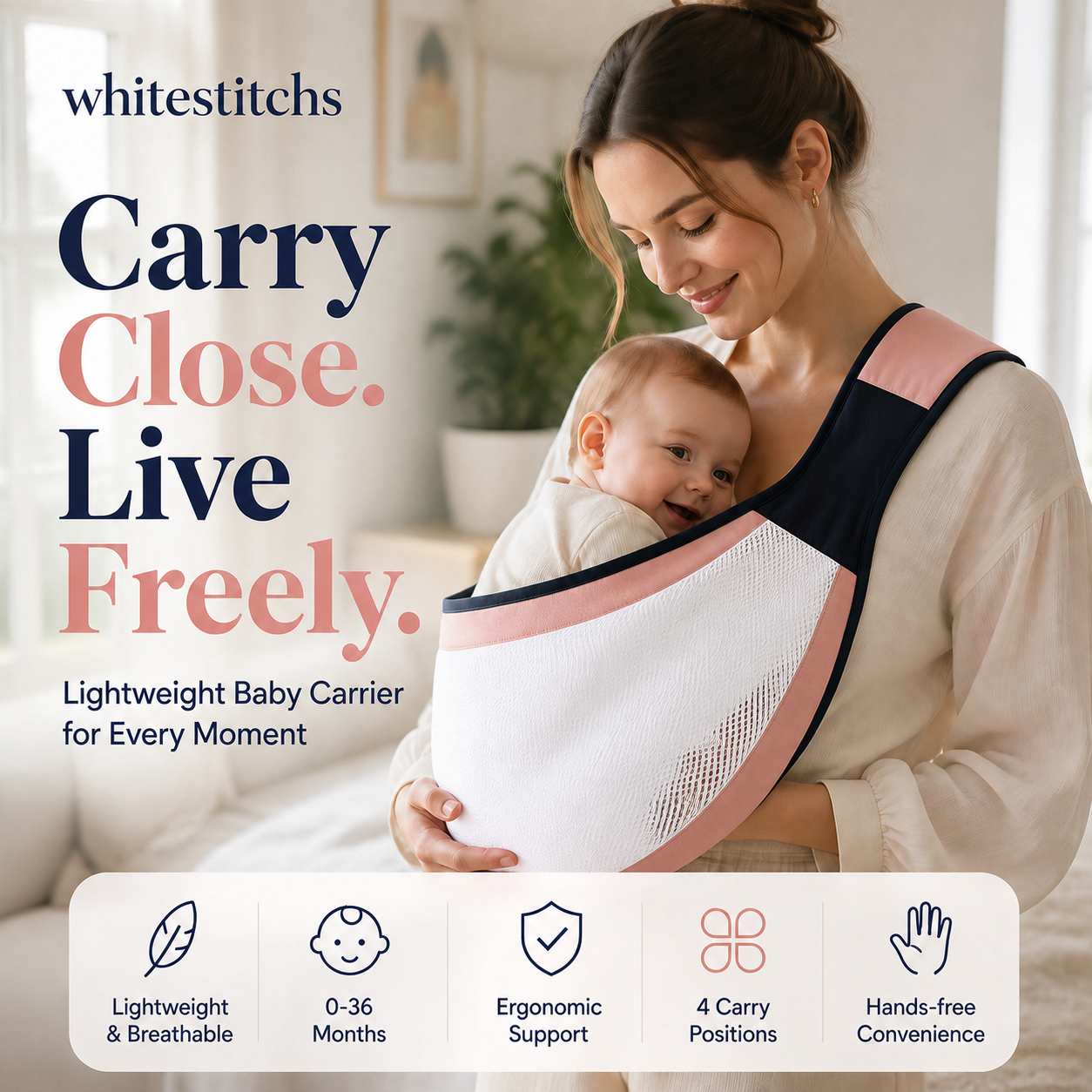 👶 4-in-1 Breathable Baby Carrier – 0-36 Months, Front/Back/Facing In/Out – Hands-Free