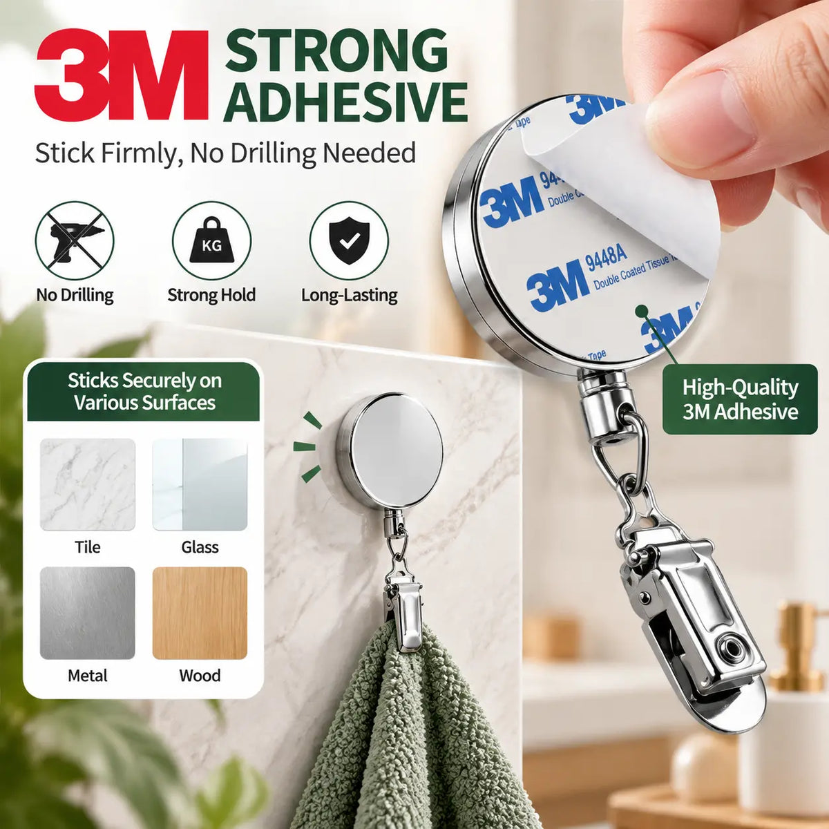 Self adhesive retractable towel holder installation