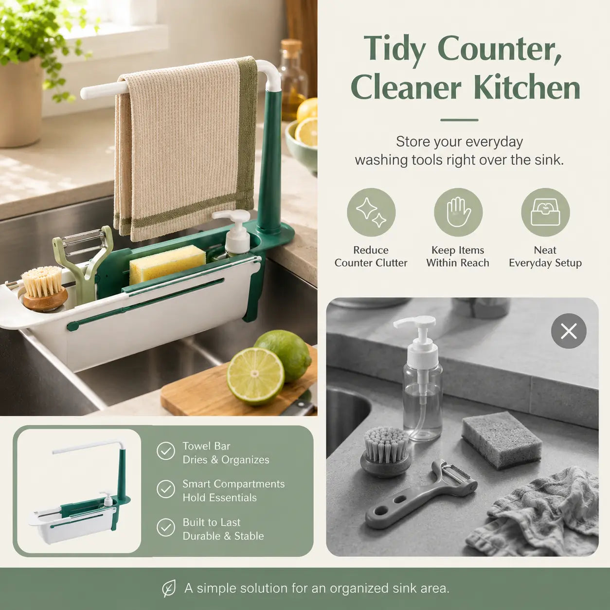 Expandable kitchen sink organizer holding soap sponge brush scrubber and towel