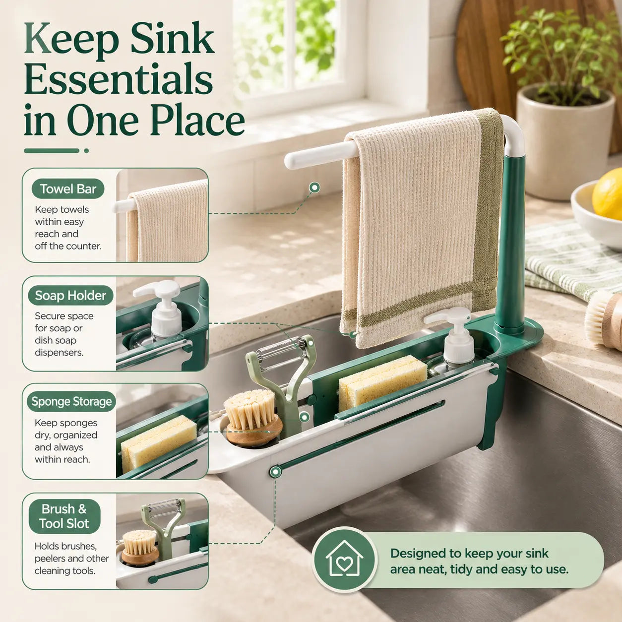 Multi-functional sink organizer storing dish towel soap sponge scrubber and cleaning brush