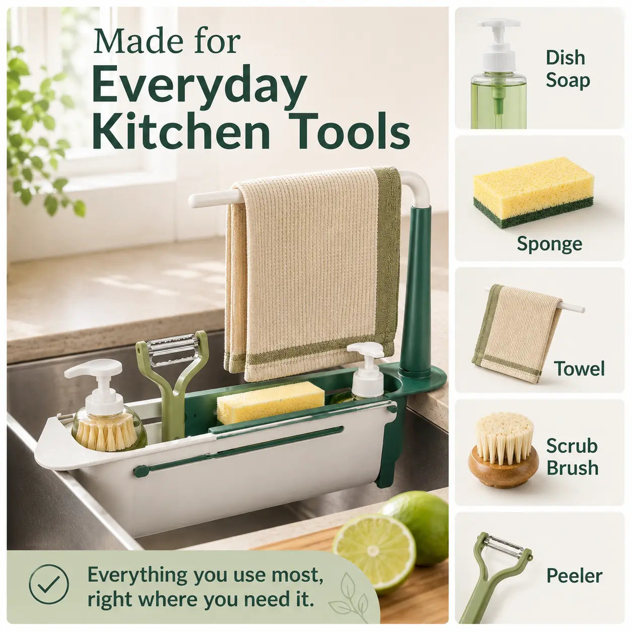 Space saving kitchen sink organizer with multiple storage compartments