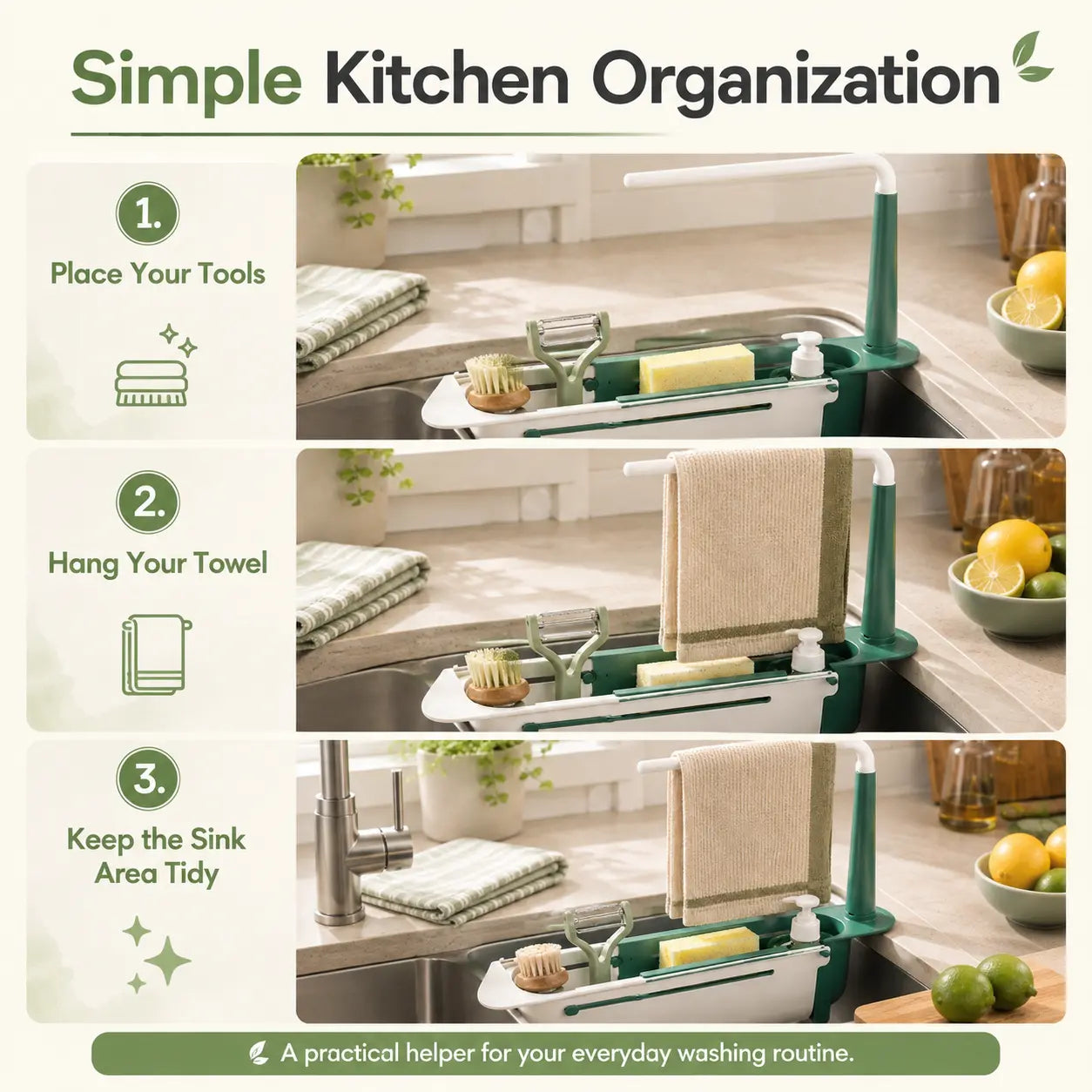 Simple installation and organization steps for expandable kitchen sink caddy