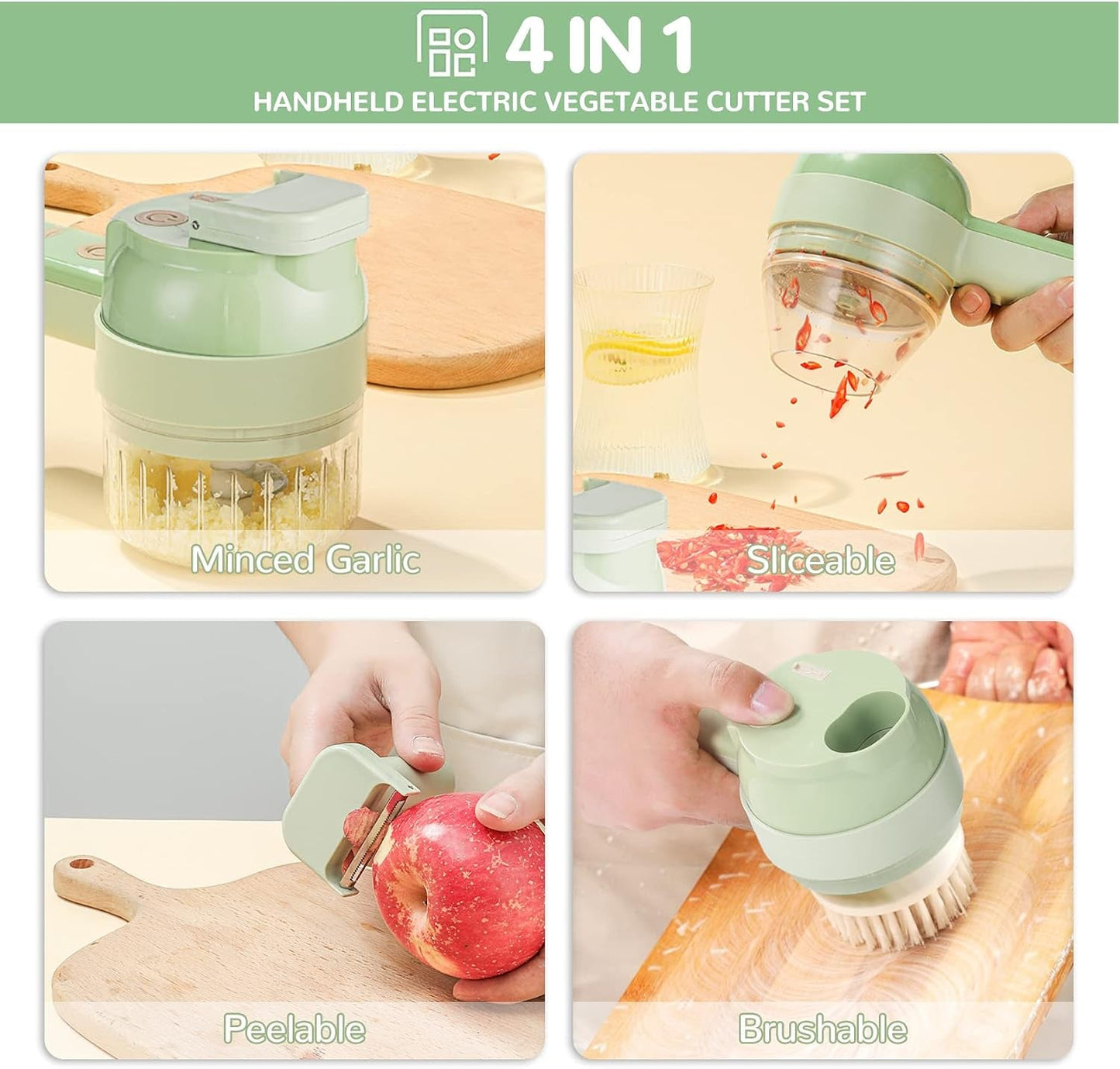 🥕 4-in-1 Electric Vegetable Cutter- Wireless Food Processor for Garlic Pepper Chili Onion Celery Ginger Meat