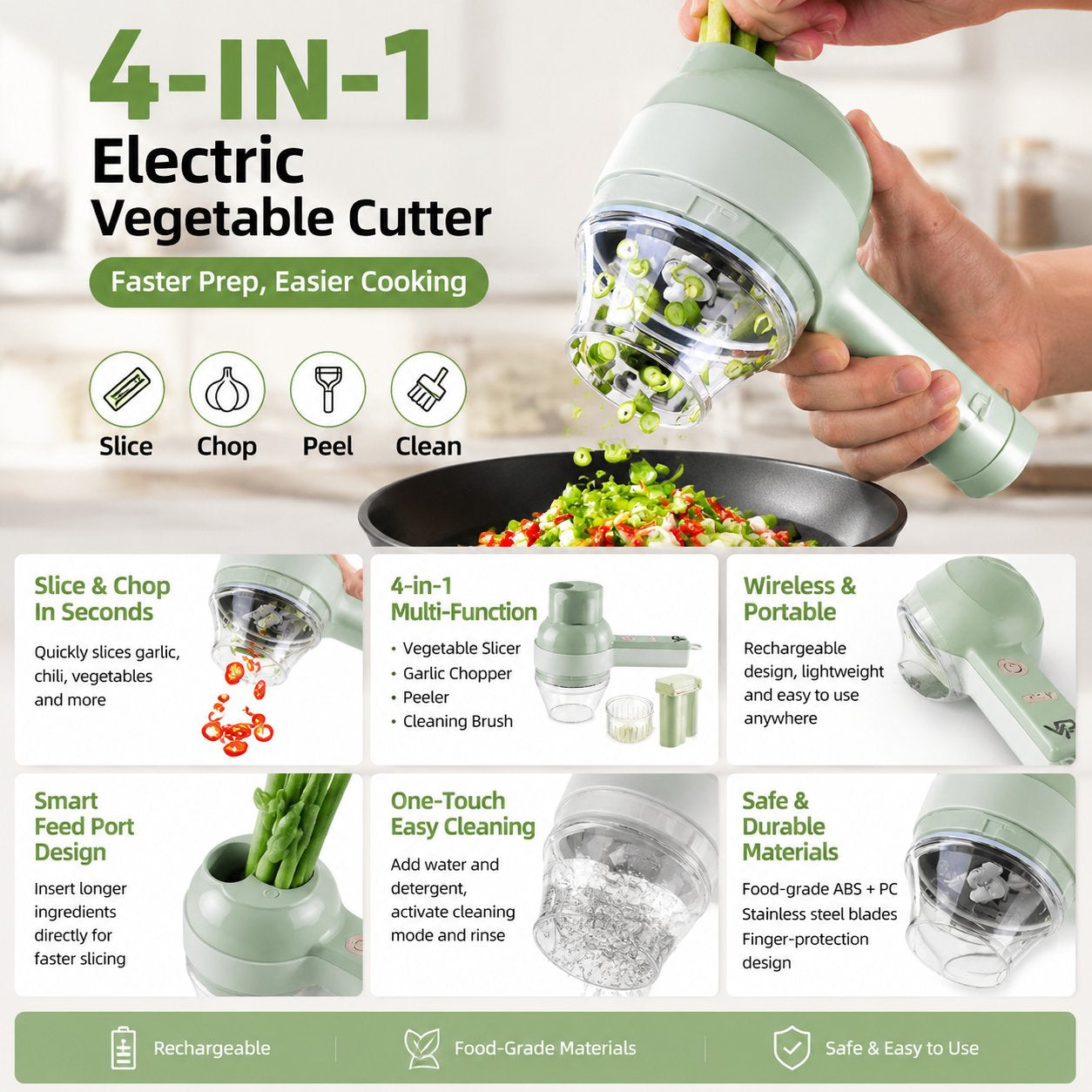 🥕 4-in-1 Electric Vegetable Cutter- Wireless Food Processor for Garlic Pepper Chili Onion Celery Ginger Meat