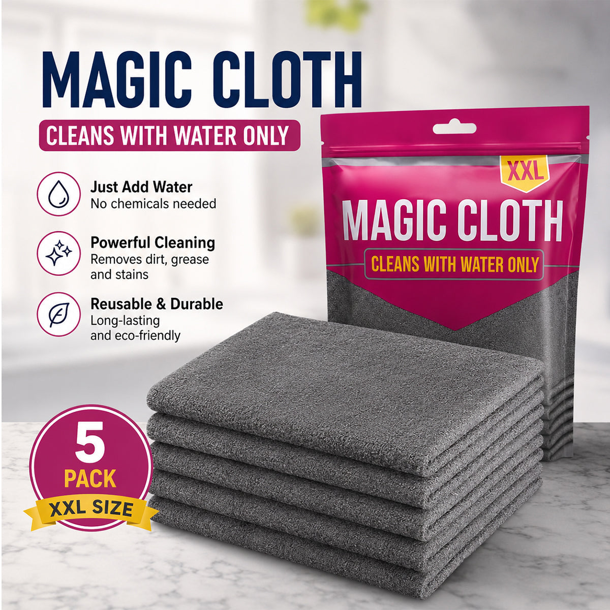 ✨ Ultra-Absorbent Magic Microfiber Cleaning Cloth (5-Pack) | Streak-Free & Chemical-Free Cleaning For Any Surface! 🧽🔥