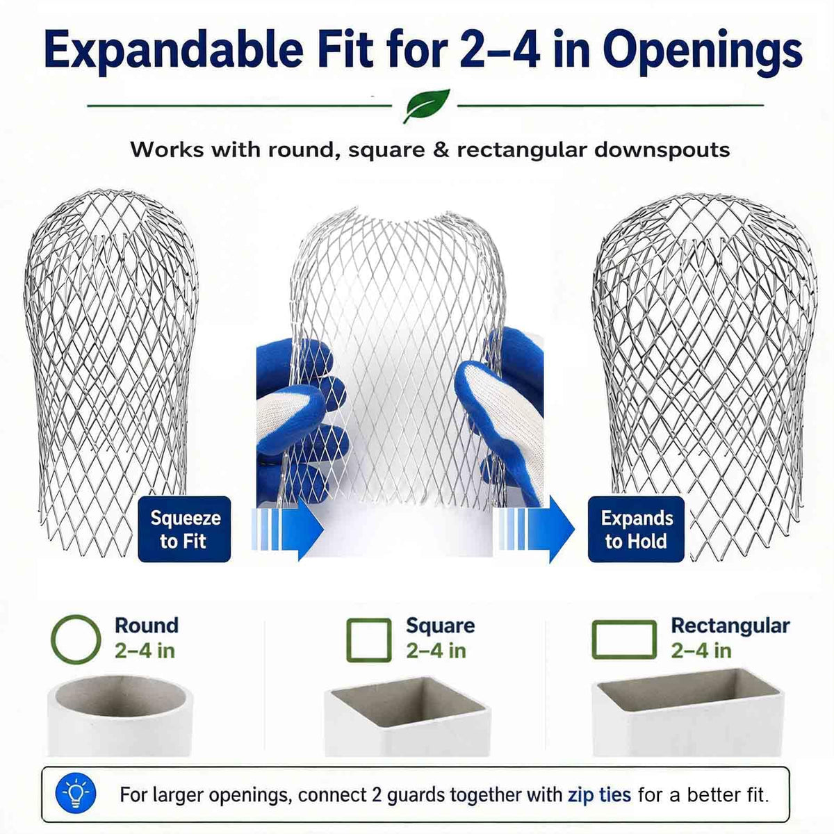 Flexible expandable gutter guard for different downspout shapes