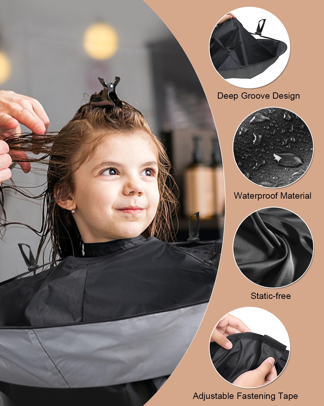 Adjustable haircut cape with deep groove and water resistant material