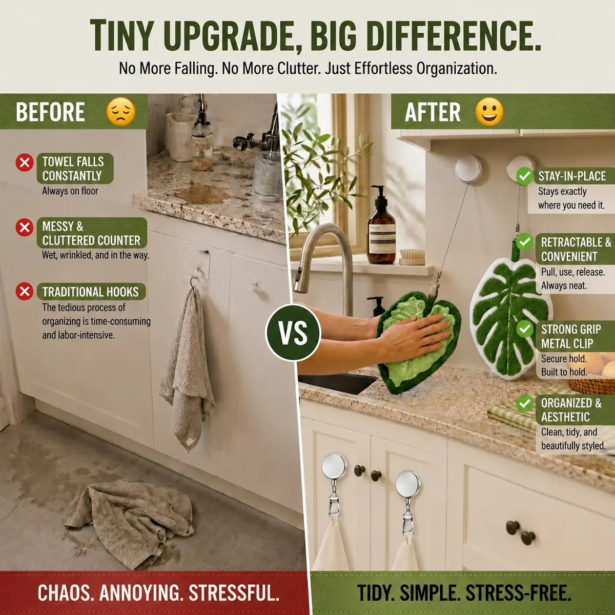 Wall mounted towel clip keeps kitchen counter organized