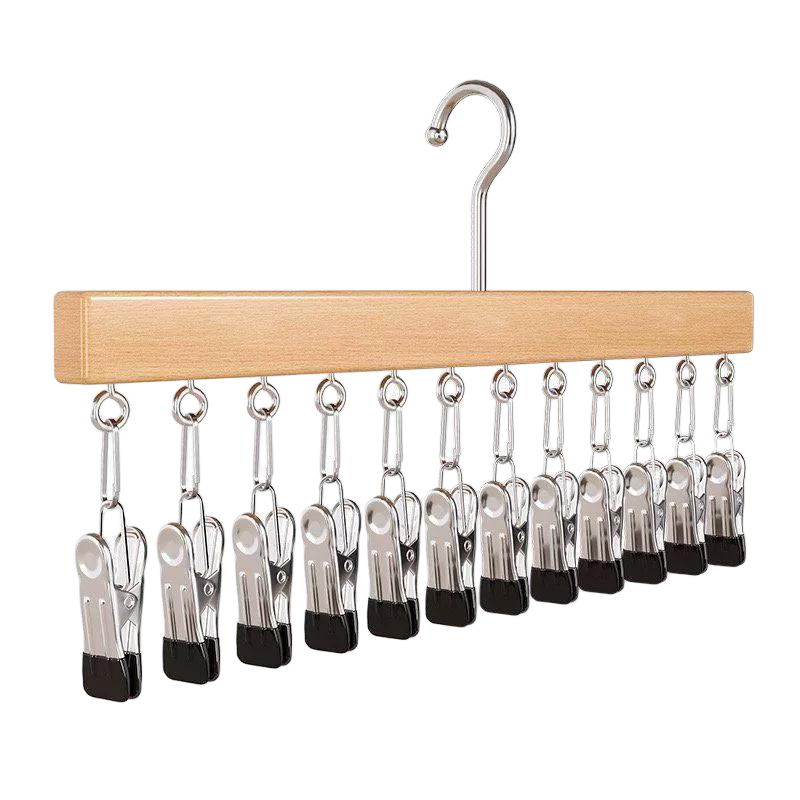 🧢📐 Wooden Clothes Drying Rack with 12 Stainless Steel Clips