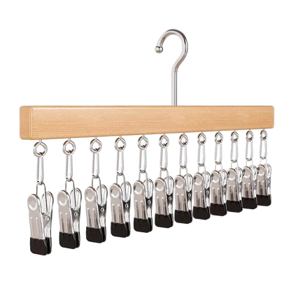 🧢📐 Wooden Clothes Drying Rack with 12 Stainless Steel Clips