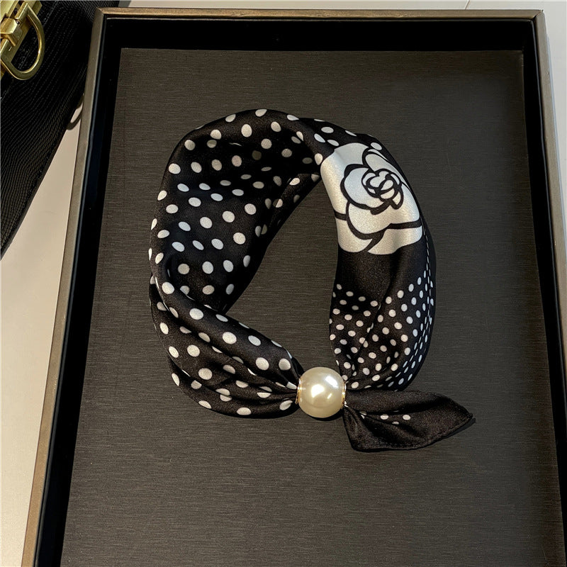 Lazy Snap-On Floral Satin Neck Scarf with Pearl Clasp