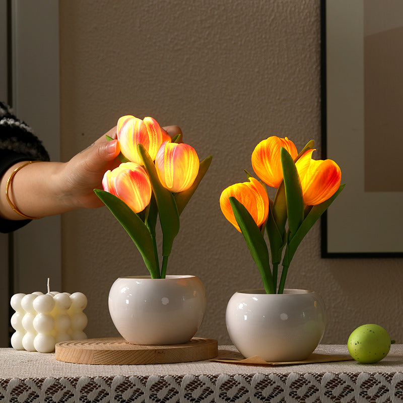 🌷LED Dimmable Plastic Tulip Artificial Flower Desk Lamp with Vase