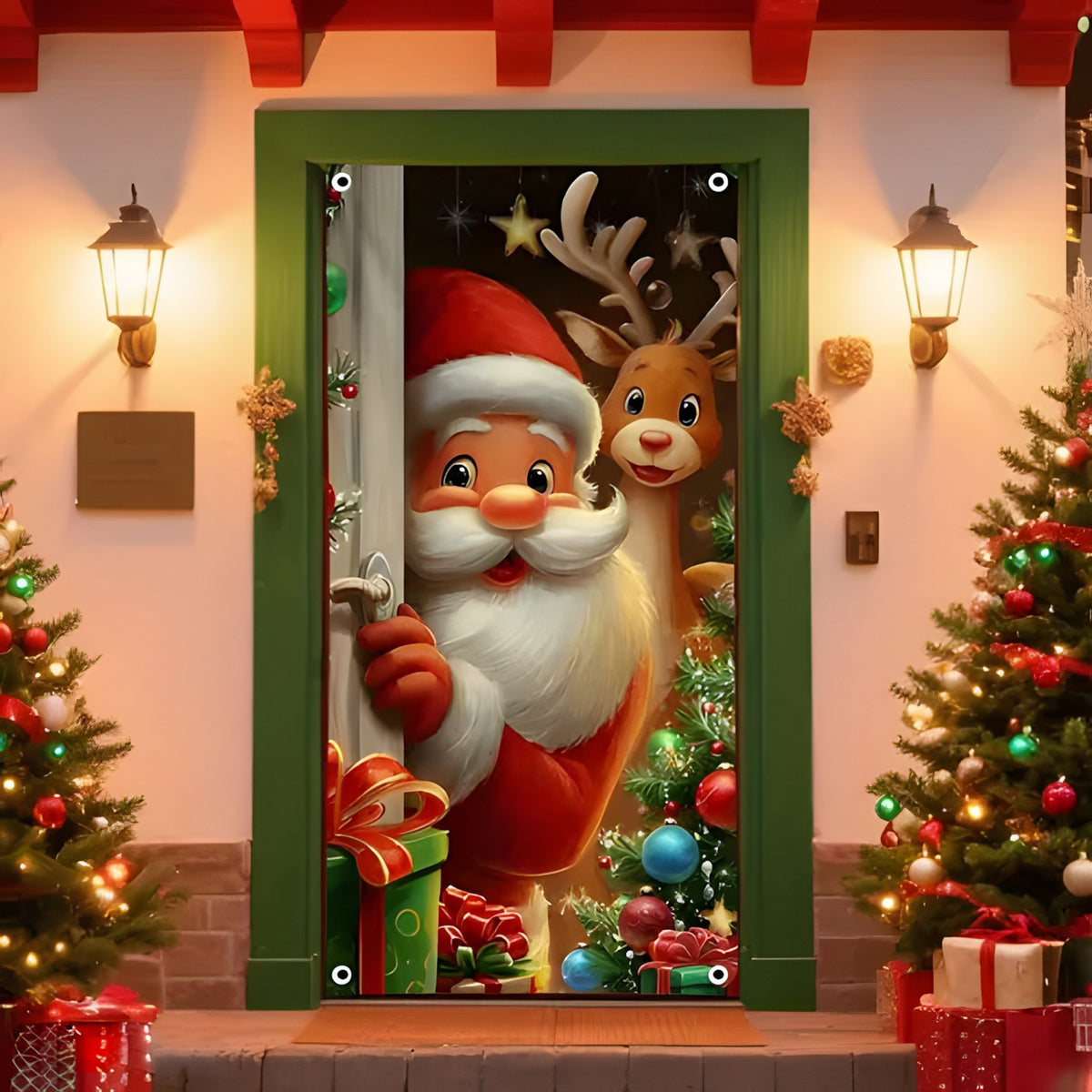 Christmas Door Cover - Stretch Fit Santa & Reindeer Door Decoration