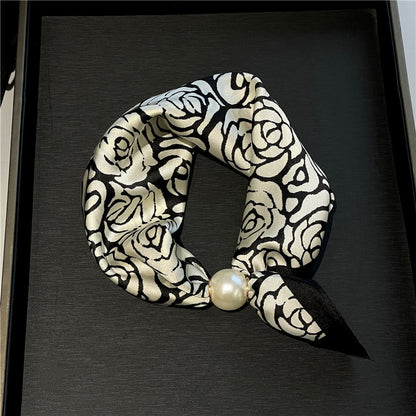 Lazy Snap-On Floral Satin Neck Scarf with Pearl Clasp