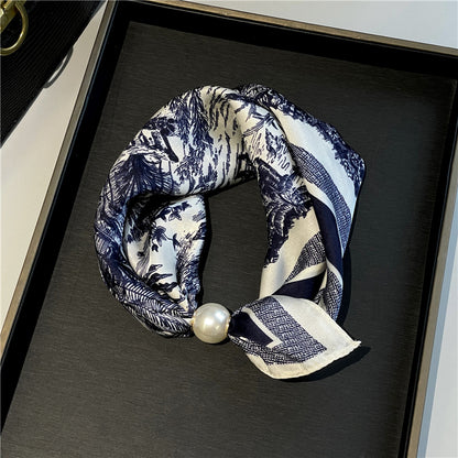 Lazy Snap-On Floral Satin Neck Scarf with Pearl Clasp