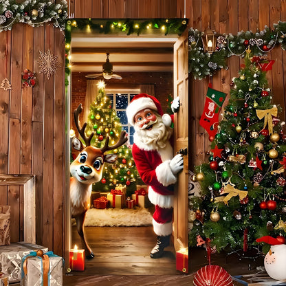 Christmas Door Cover - Stretch Fit Santa & Reindeer Door Decoration