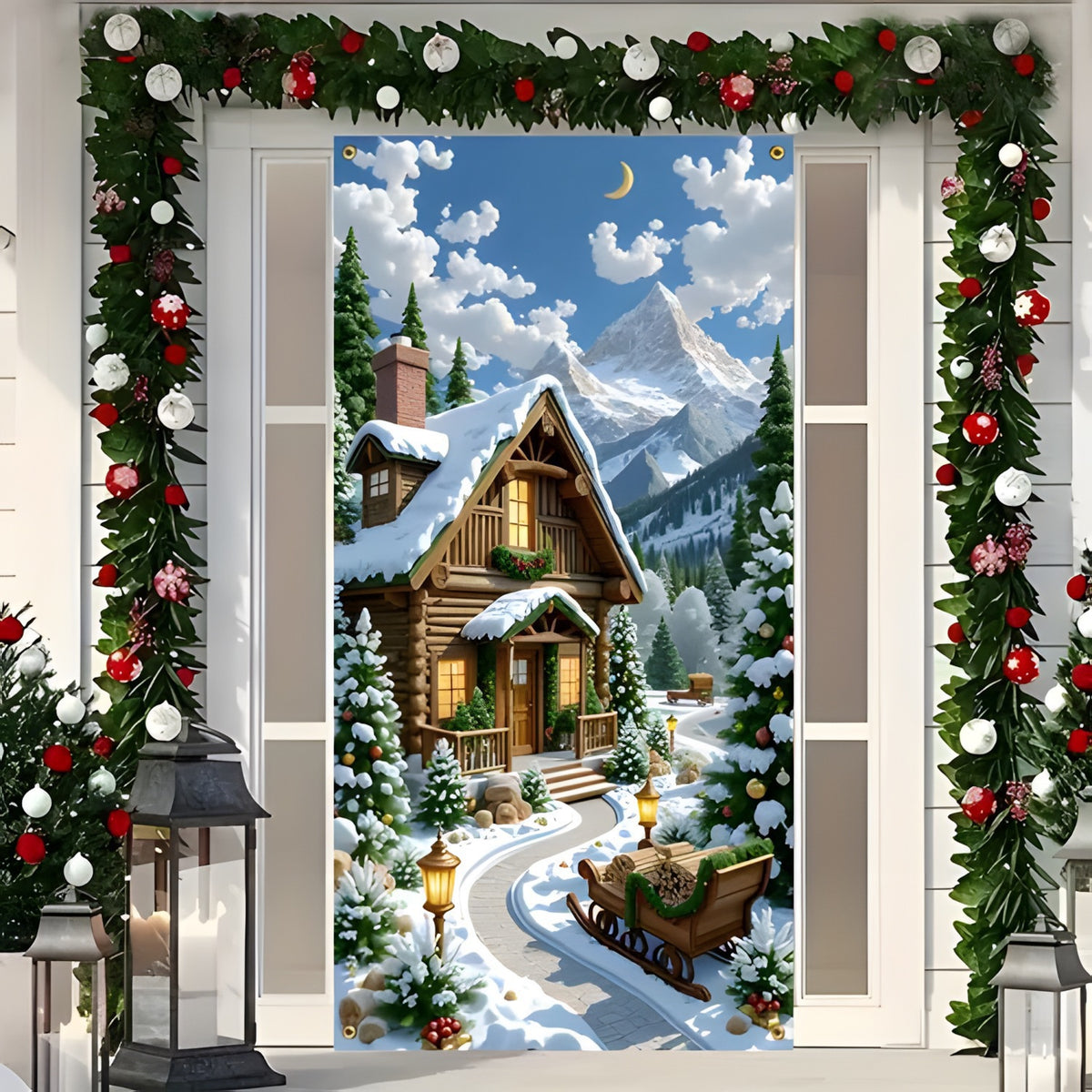 Christmas Door Cover - Stretch Fit Santa & Reindeer Door Decoration