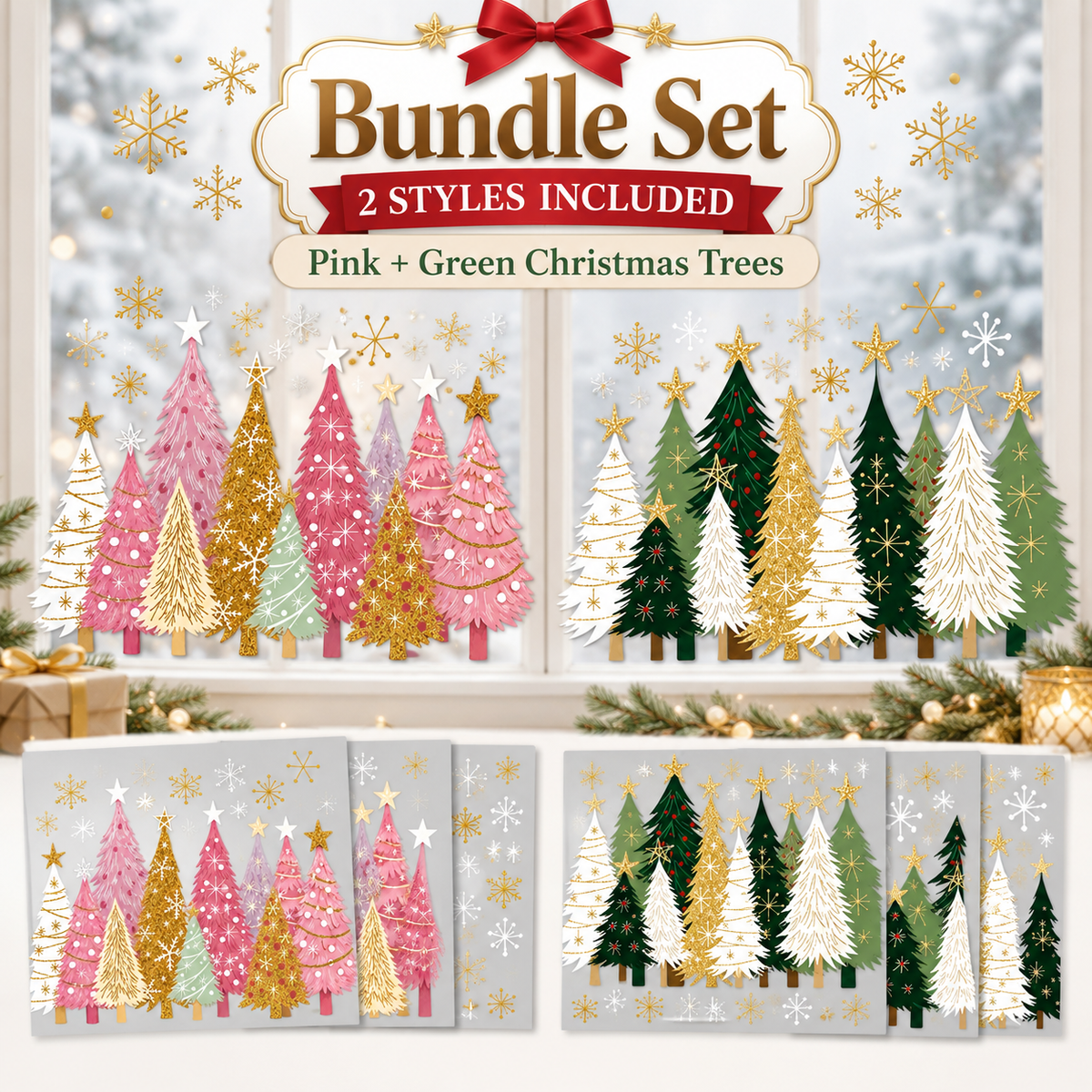 🎄 3-Piece Reusable Christmas Window Clings ✨ Double-Sided No-Glue Holiday Decals for Windows & Mirrors ❄️