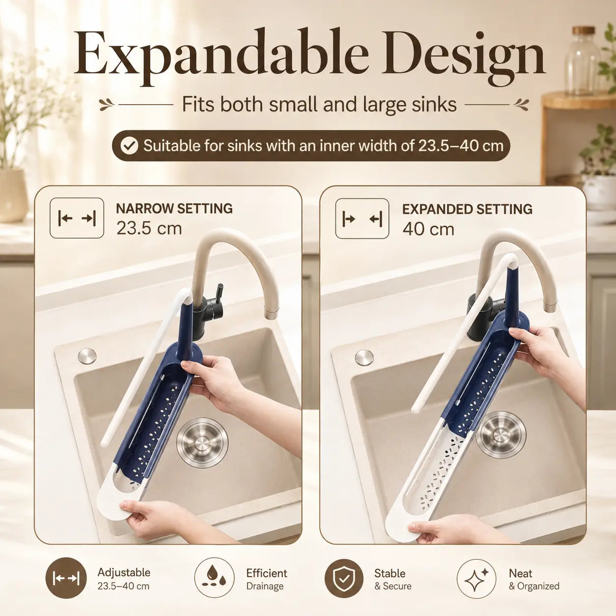 Expandable kitchen sink organizer shown at different adjustable lengths