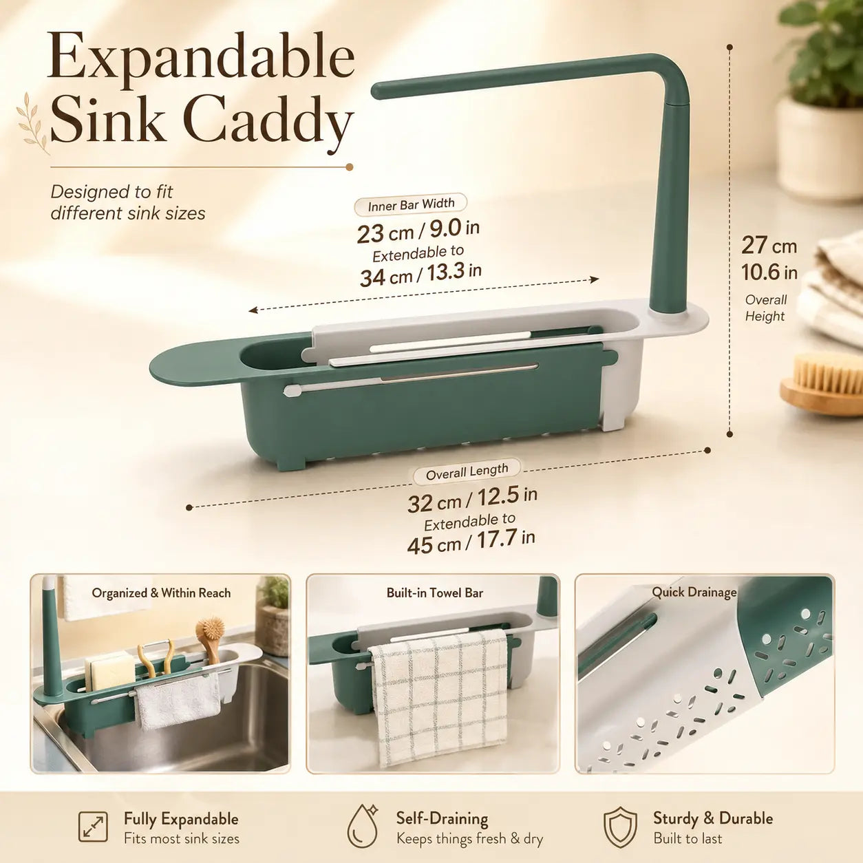Expandable PP kitchen sink caddy dimensions and storage design