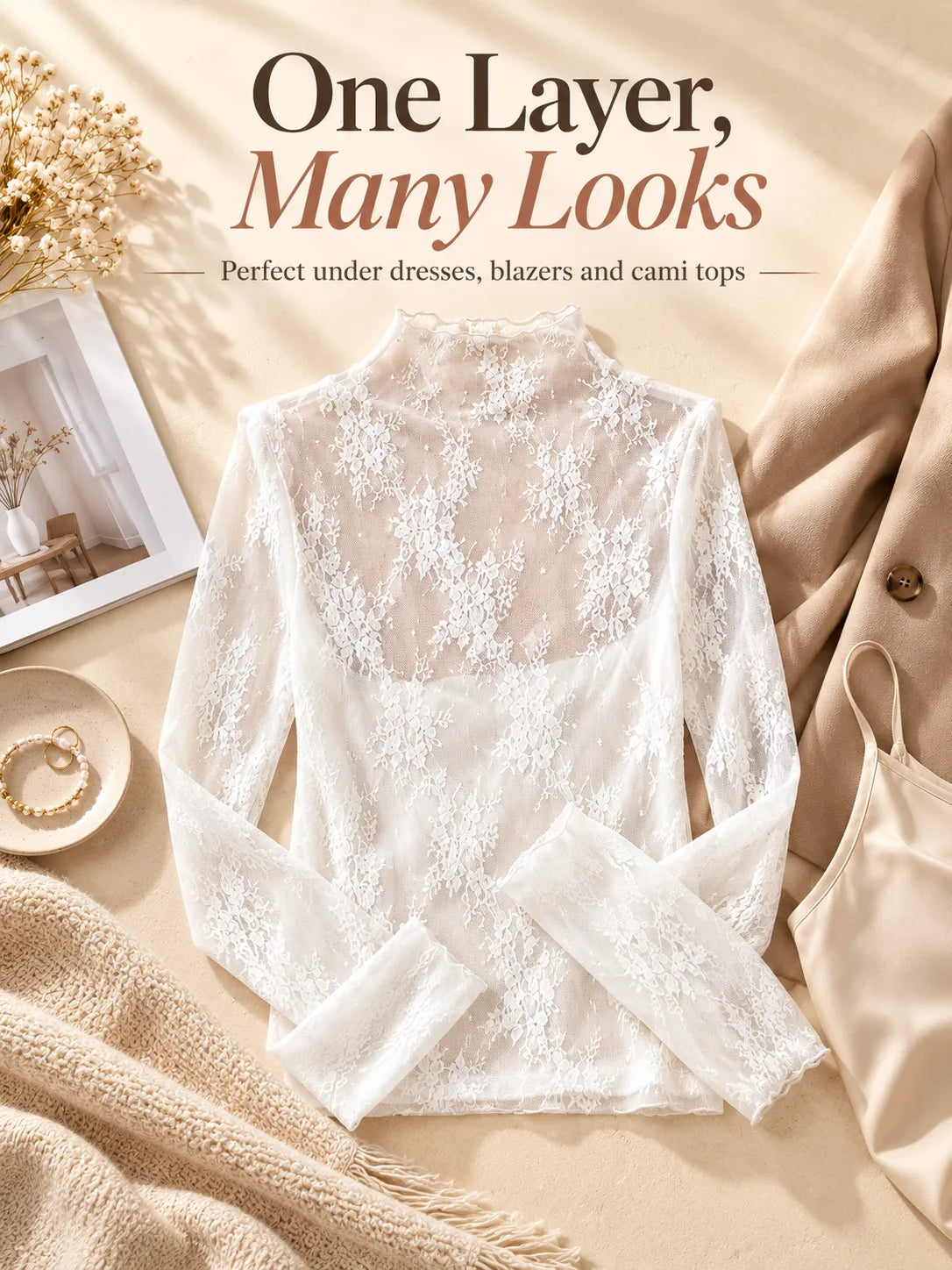 🌸Women's Floral Lace Mesh Tops – Elegant Sheer Mock Neck Layering Shirts 💖