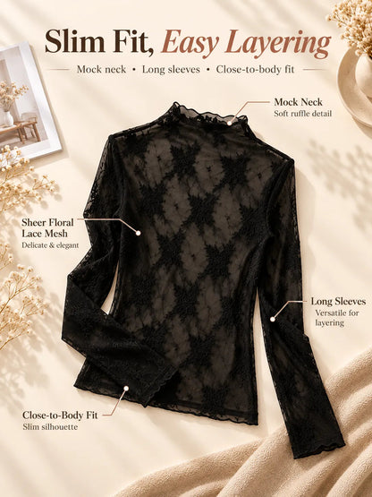 🌸Women's Floral Lace Mesh Tops – Elegant Sheer Mock Neck Layering Shirts 💖