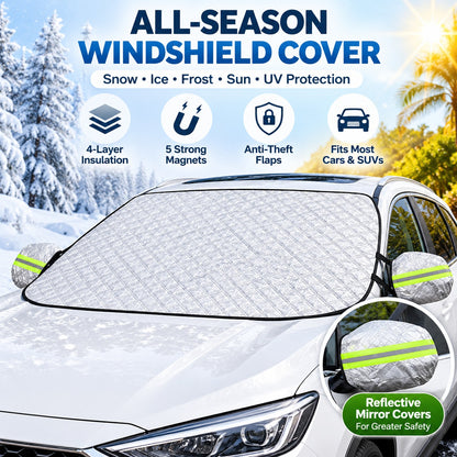 🛡️ All-Weather 4-Layer Magnetic Car Windshield Cover | ❄️ Heavy Duty Snow, Ice & Frost Guard 🚘