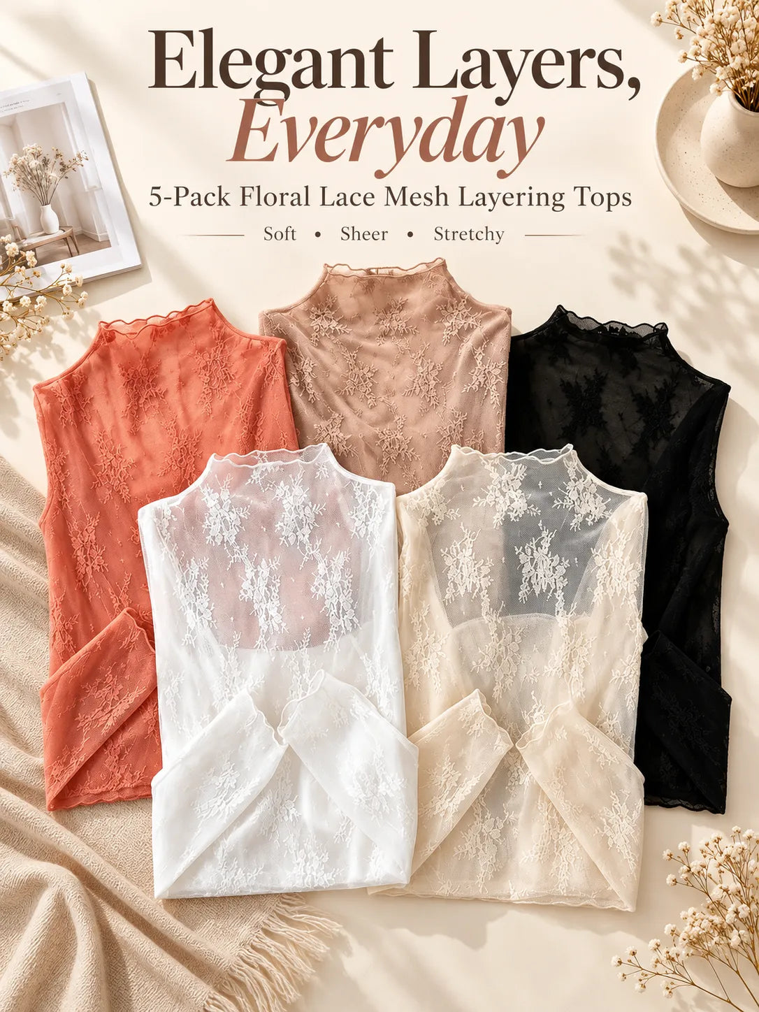 🌸Women's Floral Lace Mesh Tops – Elegant Sheer Mock Neck Layering Shirts 💖
