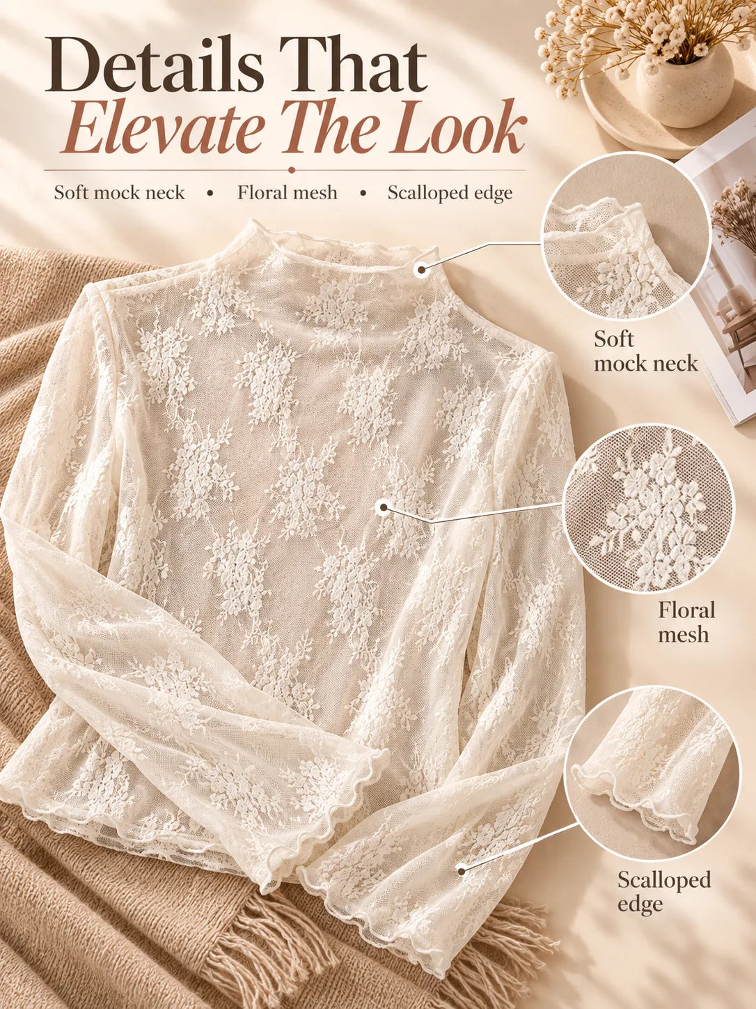 🌸Women's Floral Lace Mesh Tops – Elegant Sheer Mock Neck Layering Shirts 💖