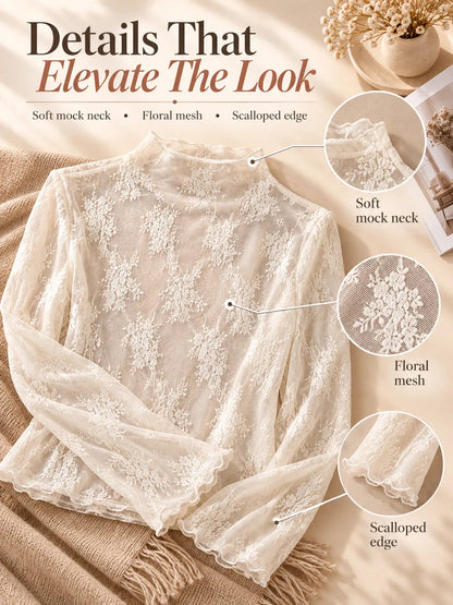 🌸Women's Floral Lace Mesh Tops – Elegant Sheer Mock Neck Layering Shirts 💖